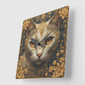 豪華な花柄の金色の装飾が施された威厳ある猫 スクエア壁時計 (傾斜)