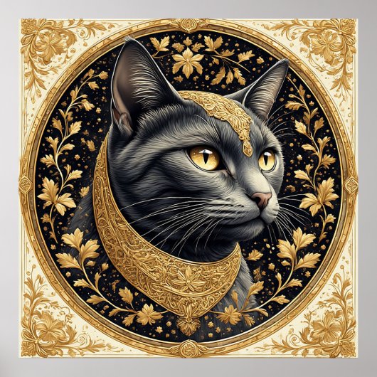 豪華な花柄の金色の装飾が施された威厳ある猫 ポスター (正面)