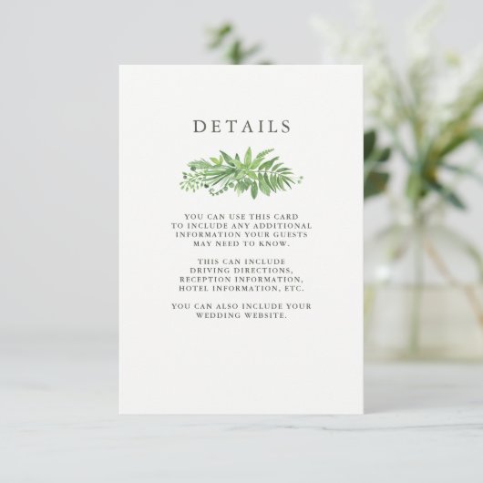 豪華な葉の緑の植物の結婚式のゲストの詳細 エンクロージャーカード (スタンド正面)