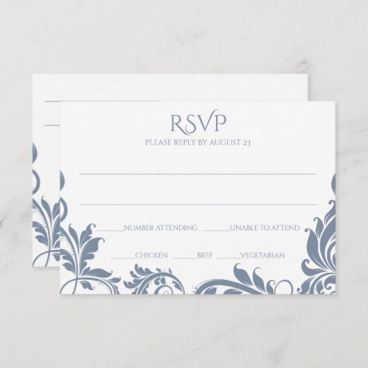 豪華な葉のRSVPポストカード | ダスティーブルー 招待状 (正面/裏面)