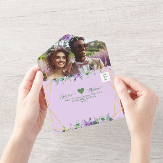 豪華な薄紫ビネヤードオールインワンウェディング オールインワン招待状 (開いている状態)