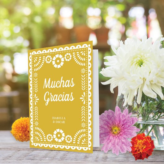 豪華な装飾のPapel Picadoイエローのウェディング サンキューカード