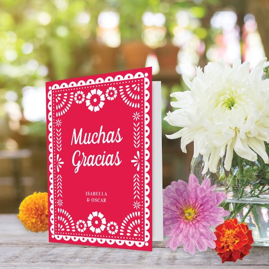 豪華な装飾のPapel Picadoホットピンクの結婚式 サンキューカード
