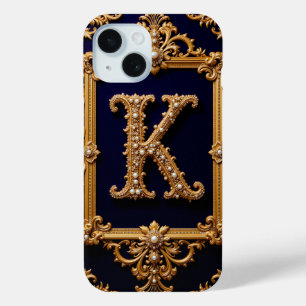 豪華な装飾金枠の文字K iPhone 15ケース