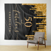 豪華な誕生日パーティーのグリッター ブラック ゴールド サテン タペストリー (インサイチュ(横))