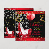 豪華な赤いハイヒール ゴールドの誕生日パーティー 招待状 (正面/裏面)