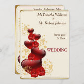 豪華な赤いハートとバラ結婚式招待状 招待状 (正面/裏面)