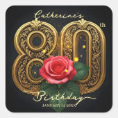 豪華な赤いバラと金の細工 80歳の誕生日 スクエアシール (正面)