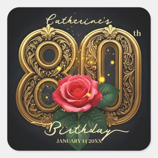 豪華な赤いバラと金の細工 80歳の誕生日 スクエアシール (正面)