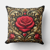 豪華な赤いバラと金ゴールドハートアートワーク クッション (正面)