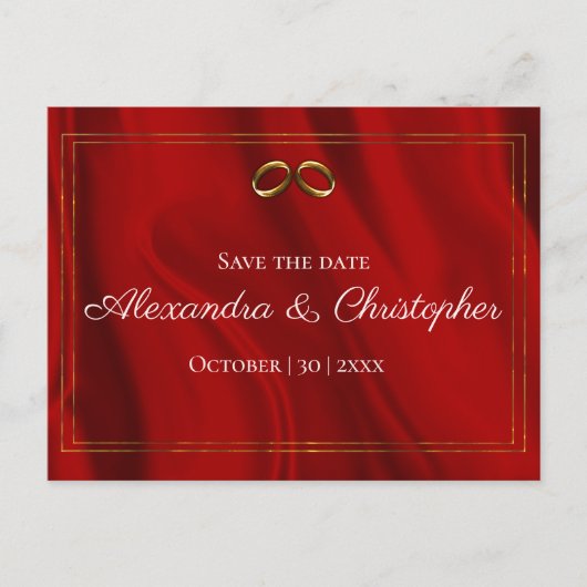 豪華な赤い絹と金ゴールド結婚式の日付を保存 案内ポストカード (正面)
