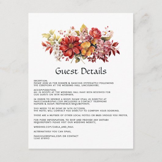 豪華な赤い花のウェディングゲスト詳細 エンクロージャーカード (正面)