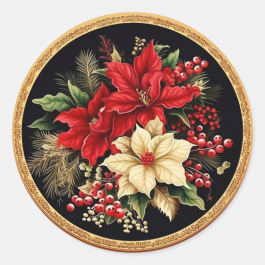 豪華な赤と緑のクリスマス植物学 ラウンドシール (正面)