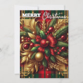 豪華な赤と緑の格子縞の祭りのようなゴールドのアクセント シーズンカード (正面)