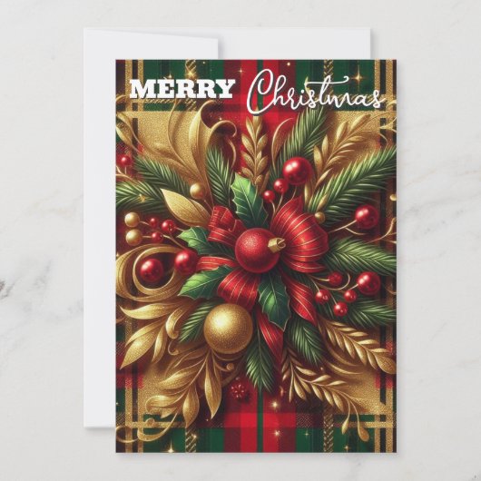 豪華な赤と緑の格子縞の祭りのようなゴールドのアクセント シーズンカード (正面)