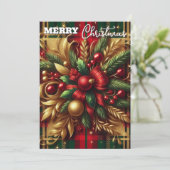 豪華な赤と緑の格子縞の祭りのようなゴールドのアクセント シーズンカード (スタンド正面)