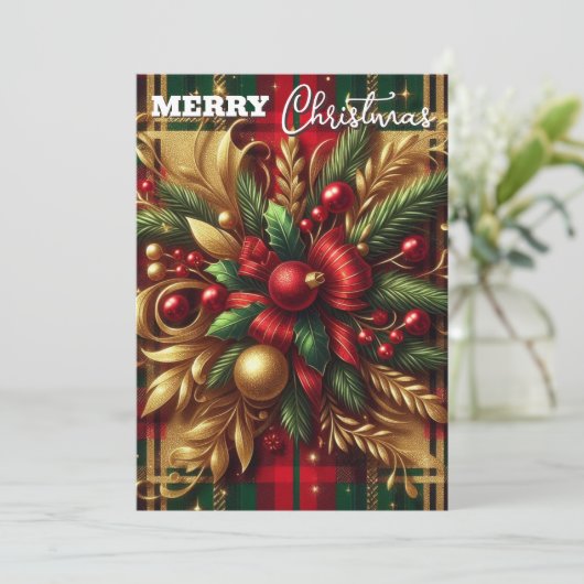 豪華な赤と緑の格子縞の祭りのようなゴールドのアクセント シーズンカード (スタンド正面)
