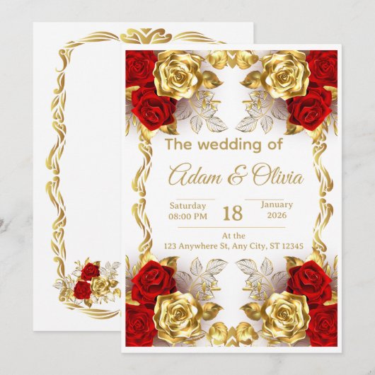 豪華な赤と金の花の結婚式招待状 招待状 (正面/裏面)