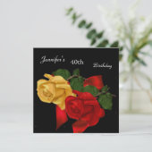 豪華な赤と黄色のバラ 40歳の誕生日パーティー ブラック 招待状 (スタンド正面)