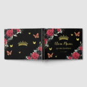 豪華な赤と黒の花柄の蝶のクインセアネラ ゴールド ゲストブック (全面)