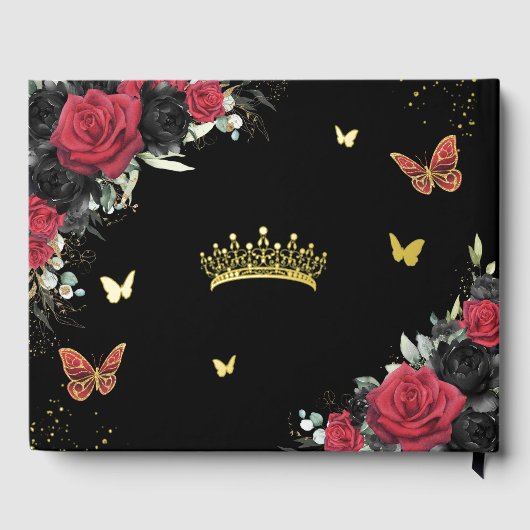 豪華な赤と黒の花柄の蝶のプリンセスドレス　ゴールド ゲストブック (裏面)