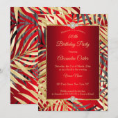 豪華な赤 グレー ゴールド パーム ダイヤモンド 誕生日パーティー 招待状 (正面/裏面)