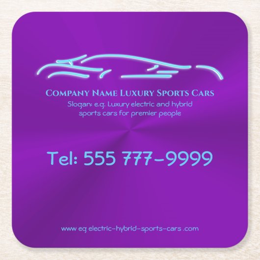 豪華な車のロゴ – アイスブルースポーツカーオンパープル スクエアペーパーコースター (正面)