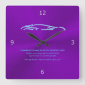 豪華な車のロゴ – アイスブルースポーツカーオンパープル スクエア壁時計 (正面)