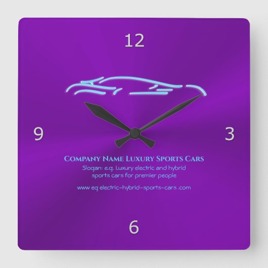 豪華な車のロゴ – アイスブルースポーツカーオンパープル スクエア壁時計 (正面)
