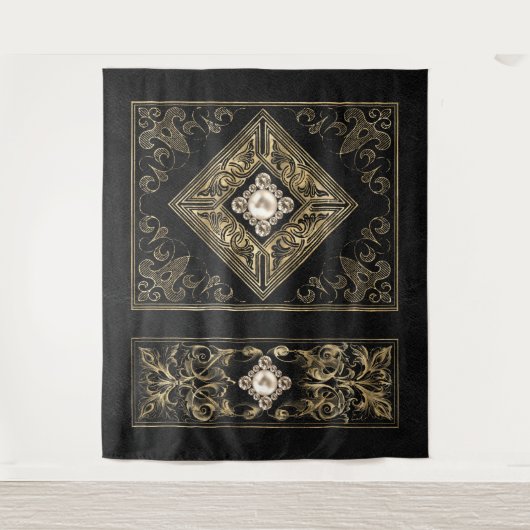 豪華な輝き | 黒と金のジュエリーのような装飾 タペストリー (正面)