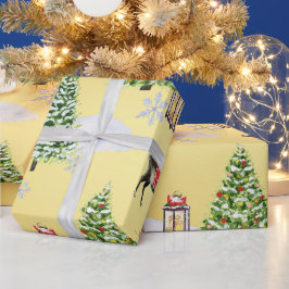 豪華な金のトナカイ クリスマスツリー ユーモラスなデザイン  ラッピングペーパー