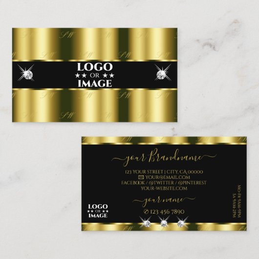 豪華な金ゴールドきらめくブラックダイヤモンドとロゴ 名刺 (正面/裏面)