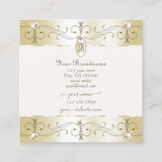 豪華な金ゴールドとクリーム華美オーナメントイニシャル スクエア名刺 (裏面)