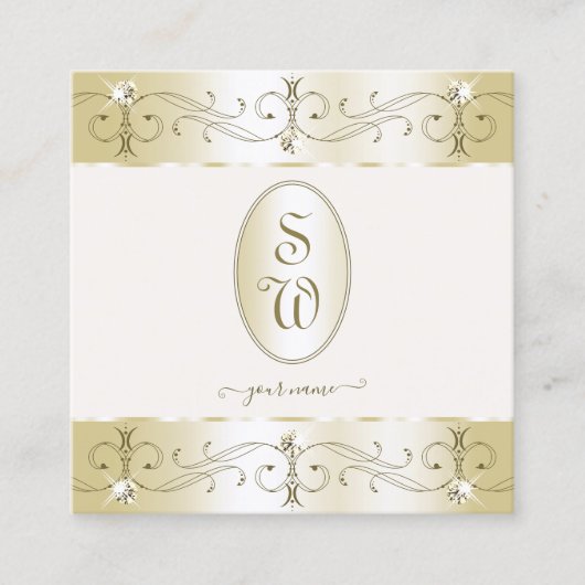 豪華な金ゴールドとクリーム華美オーナメントモノグラム スクエア名刺 (正面)