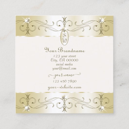 豪華な金ゴールドとクリーム華美オーナメントモノグラム スクエア名刺 (裏面)
