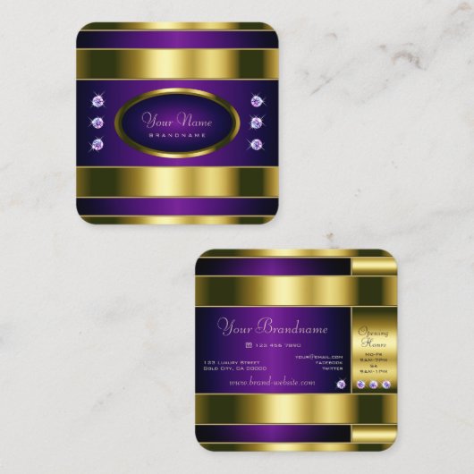 豪華な金ゴールドとダイヤモンド付き紫フェイク色 スクエア名刺 (正面/裏面)