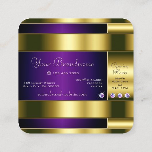 豪華な金ゴールドとダイヤモンド付き紫フェイク色 スクエア名刺 (裏面)