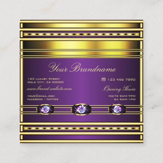 豪華な金ゴールドと紫、ラインストフェイクーンズスクエア スクエア名刺 (裏面)