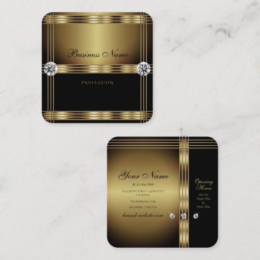 豪華な金ゴールドと輝くダイヤモンドで黒 スクエア名刺 (正面/裏面)
