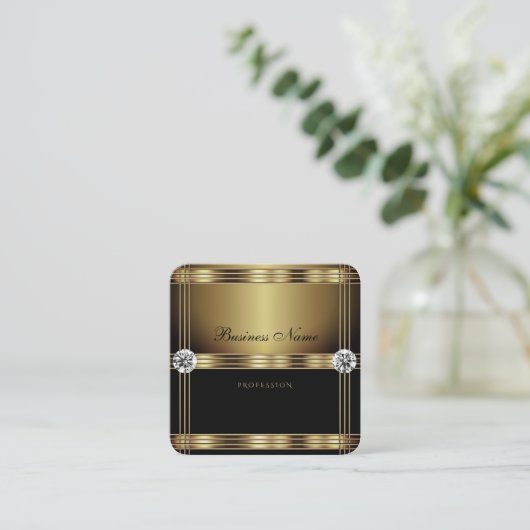 豪華な金ゴールドと輝くダイヤモンドで黒 スクエア名刺 (スタンド正面)