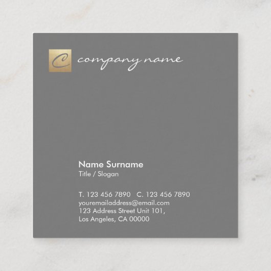 豪華な金ゴールドのロゴの書道のスタイルの最小主義の灰色 スクエア名刺 (裏面)