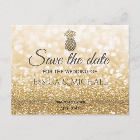 豪華な金ゴールドキラキラ金ゴールドパイナップル日付を保存 案内ポストカード (正面)