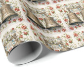 豪華な金ゴールドクリスマスベル、赤フローラ ラッピングペーパー (ロールコーナー)