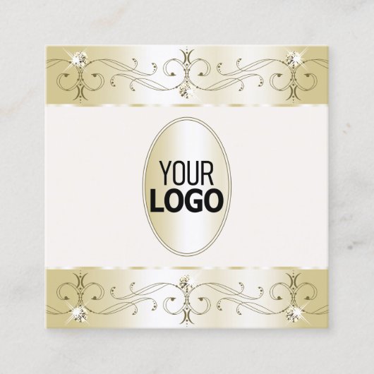 豪華な金ゴールドクリーム華美オーナメントとロゴ スクエア名刺 (正面)