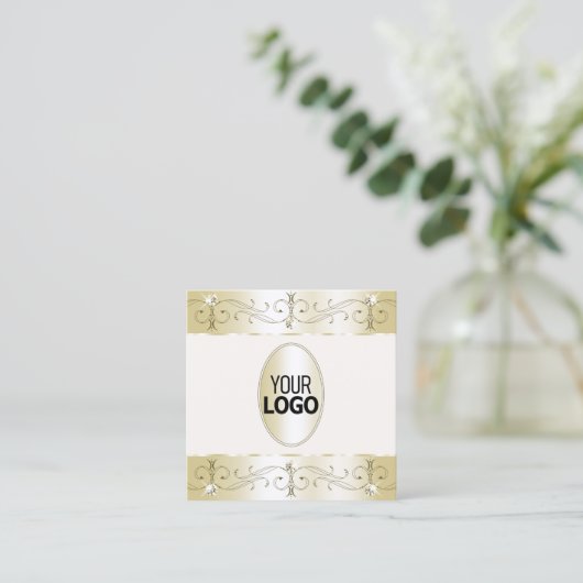 豪華な金ゴールドクリーム華美オーナメントとロゴ スクエア名刺 (スタンド正面)