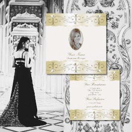 豪華な金ゴールドクリーム華美オーナメントと写真 スクエア名刺