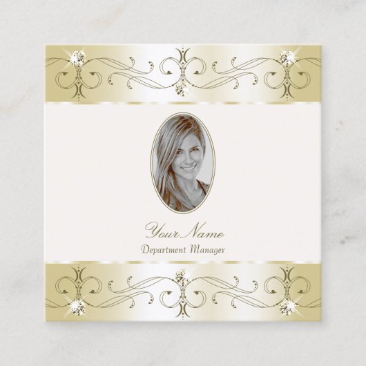 豪華な金ゴールドクリーム華美オーナメントと写真 スクエア名刺 (正面)