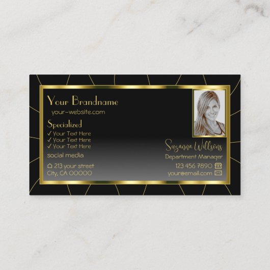 豪華な金ゴールドフレームと写真付き黒グラデーション 名刺 (裏面)