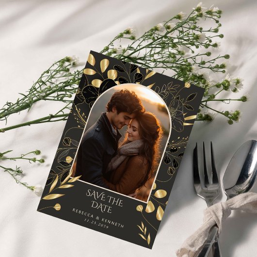 豪華な金ゴールドフローラシック2枚の写真の保存日付 招待状