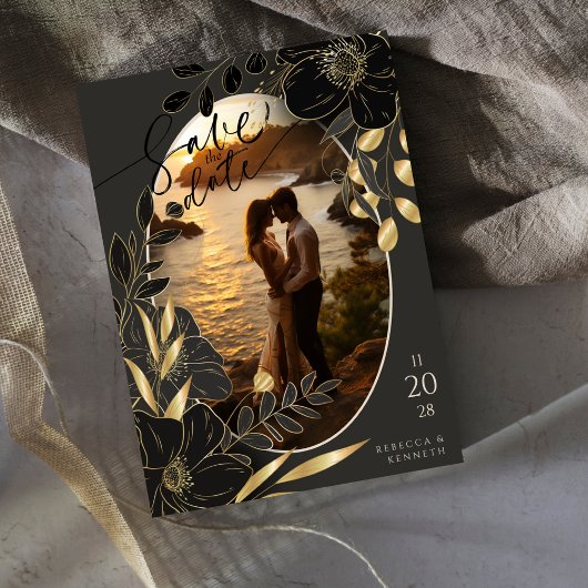 豪華な金ゴールドフローラシック2枚の写真の保存日付 招待状